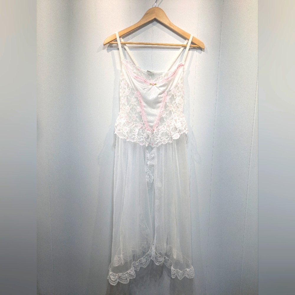 Vintage Jill Andrea Sheer White Peignoir‎ Slip   Large Lace Bodice Pink Floral